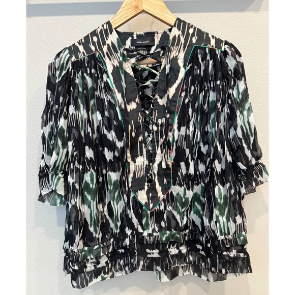 Isabel Marant Silk Multicolor Lace Up Short Sleeve Blouse Size 36 Semi Sheer - Picture 1 of 10